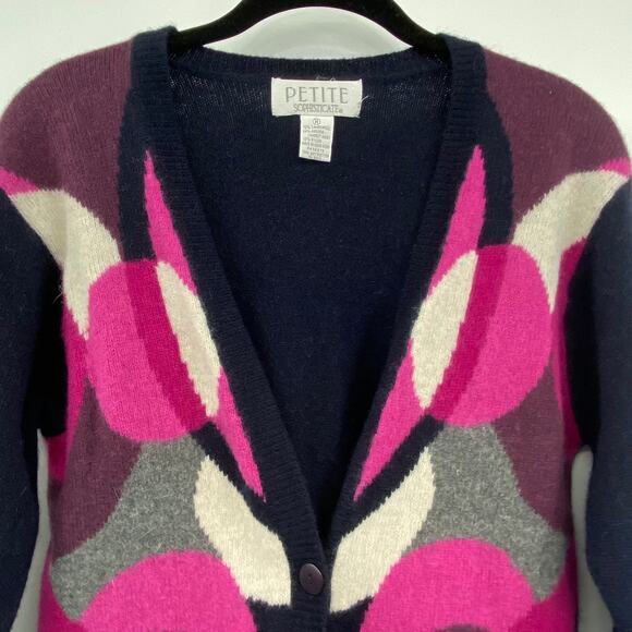 Vintage 90s Petite Sophisticate Sweater Lambswool Angora Abstract Geo Cardidan M - Picture 2 of 5